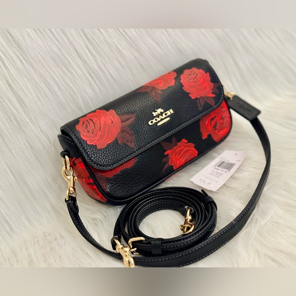 NWT Coach Floral Print Hailey Flap Crossbody Bag CCF74 in Black/Red - Picture 8 of 15